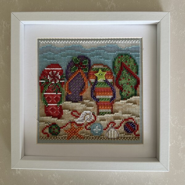 Holiday Flip Flops Cross-Stitch, Completed Cross-Stitch, Framed Cross-Stitch