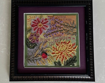 Fall Flowers Cross-Stitch, Completed Cross-Stitch, Framed Cross-Stitch