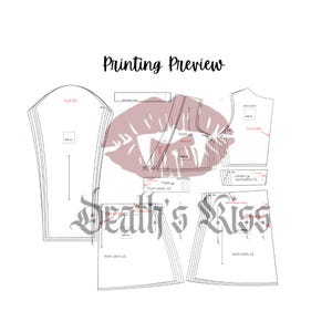 May include: A white background features a sewing pattern layout with various garment pieces. The text "Printing Preview" is at the top, and "Death's Kiss" is at the bottom. The pattern includes labels like "Cut X2" and "front waist x2".
