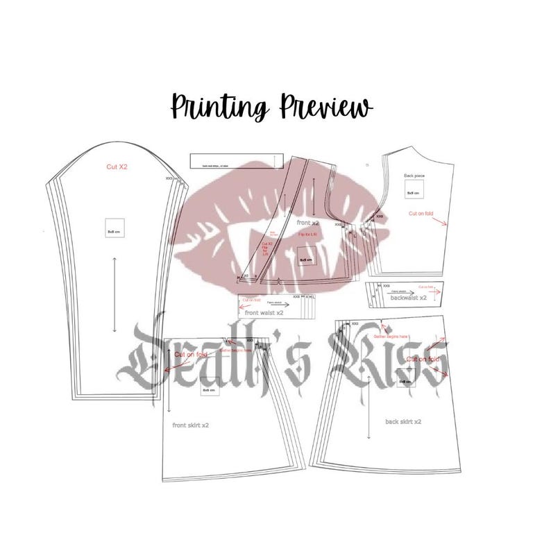 May include: A white background features a sewing pattern layout with various garment pieces. The text "Printing Preview" is at the top, and "Death's Kiss" is at the bottom. The pattern includes labels like "Cut X2" and "front waist x2".