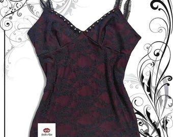 Handmade Burgundy and Black Lace Gothic Camisole Top with Spikes