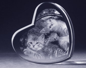 Coeur de Cristal 3D blanc "Chats 2D" - Cadeau personnalisable pour les amoureux des chats