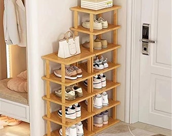 Bamboo Shoe Rack 12 Tier- Vertical Shoe Rack for Small Spaces, Tall Narrow Shoe Rack Organizer for Closet Entryway Corner Garage and Bedroom