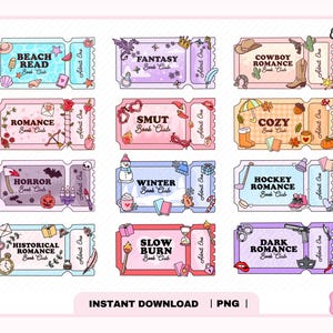 Bookish Ticket Bundle PNG, Cute Trendy Aesthetic Fantasy Romance Mystery Horror Smut Summer Winter Bookish png for Stickers, Commercial Use