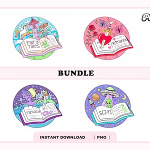 Cute Bookish PNG Bundle, Cute Trendy Aesthetic Popular Bookish Fantasy Romance Fairy Sci-fi Bundle for Stickers, Bookmark, Commercial Use