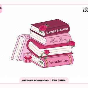 Romance Bookstack PNG, Cute Trendy Aesthetic Romance Romantasy Slow Burn Bookish svg Png design for Stickers, Bookmarks, Commercial use