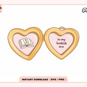 Médaillon coeur SVG PNG à l&#39;époque livresques, mignon design tendance populaire créatif livresque Svg Png, Kindle Girl Design for Stickers, usage Commercial