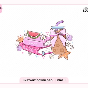 Summer Book Club PNG, Cute Trendy Popular Aesthetic Summer Coffee Booked Spring Beach Read Bookish Vacation png, stickers, Commercial Use