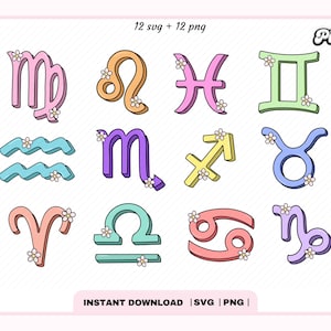 Pakiet estetycznych znaków zodiaku PNG SVG, pakiet symboli zodiaku, pakiet symboli horoskopu, wydruk cyfrowy, plik do cięcia do użytku komercyjnego