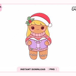 Cute Bookish Reading Gingerbread PNG, Cute Trendy Aesthetic Christmas Winter Holiday Bookish png for Stickers, Bookmark, Commercial use
