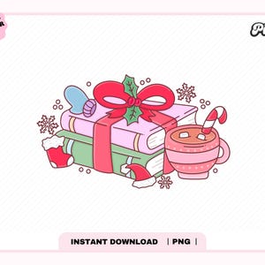 Christmas Books hot chocolate PNG, Cute Trendy Aesthetic Christmas Winter Holiday Season Bookish png for Stickers, Bookmark, Commercial use