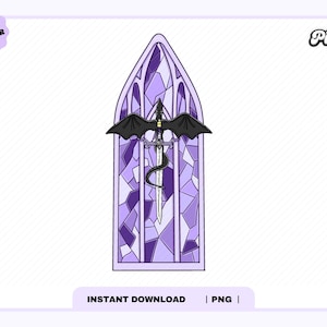 May include: A digital illustration of a stained-glass window in shades of purple, featuring a dragon with outstretched wings above a sword. The image includes the text "INSTANT DOWNLOAD | PNG".