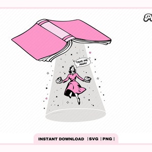 May include: A pink open book with a woman in a pink dress flying out of it. The woman is holding books and a speech bubble above her head says "Take me away".