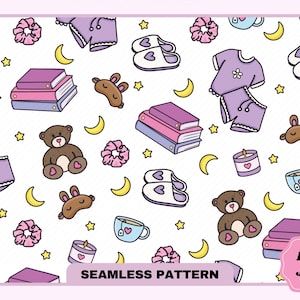 Puede incluir: Un patrón sin costuras que presenta una variedad de ilustraciones lindas relacionadas con la hora de acostarse y la relajación. El patrón incluye un oso de peluche, una taza de té, una pila de libros, una máscara para dormir, pantuflas, una vela y una coleta para el cabello. El patrón está en una paleta de colores pastel con acentos de rosa, morado, azul y amarillo.