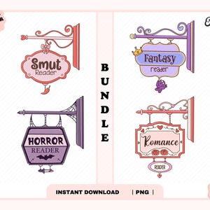 Bookstore Sign Bundle PNG, Cute Trendy Aesthetic Popular Fantasy Horror Romance Smut Bookish design for Stickers, Bookmarks, Commercial Use