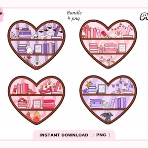 Cute Heart Bookshelf Bundle PNG, Cute Trendy Aesthetic Fantasy Romance Horror Smut Bookish Library png for Sticker, Bookmark, Commercial Use