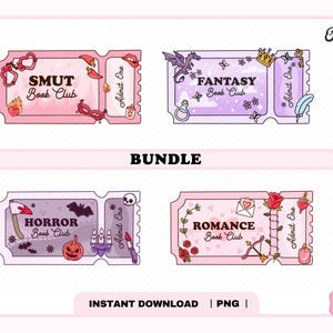 Book Club Admit One Ticket Bundle PNG, Cute Trendy Aesthetic Smut Romance Fantasy Horror Lover Bookish design for Stickers, Commercial Use
