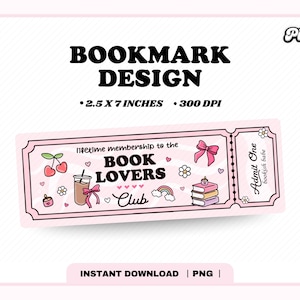 Book Lovers Club Ticket Lesezeichen PNG, niedliches trendiges ästhetisches rosa literarisches Mädchen-Buchleser druckbares Lesezeichen-Design für den kommerziellen Gebrauch