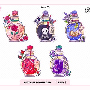 Bookish Potion PNG Bundle, Cute Trendy Aesthetic Bookish Fantasy Romance Horror Night Reader Book png for Stickers, Bookmark, Commercial Use