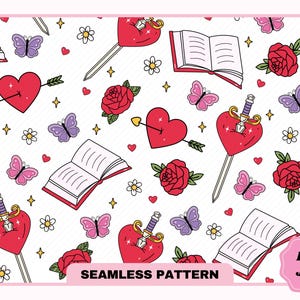Romantasy Books Seamless Pattern PNG JPG, Cute Trendy Popularne Estetyczne Książki Romansowe Czytelnik, Smut Bookish Seamless Pattern, Komercyjne zastosowanie