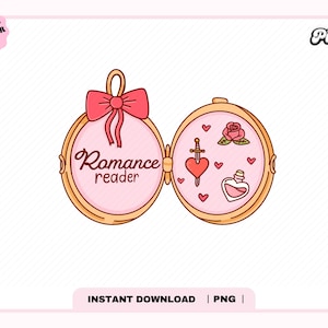 Romance Book Lover Locket PNG, Cute Trendy Aesthetic Creative Romance Romantasy Bookish Png design for Stickers, Bookmarks, Commercial use