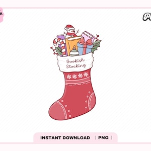 Bookish Stocking Christmas Sock PNG, Cute Trendy Aesthetic Christmas Winter Holiday Season Bookish png for Sticker, Bookmark, Commercial use