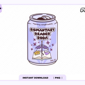 Könnte beinhalten: Eine hellviolette Limonadendose mit dem Text "ROMANTASY READER SODA" und Illustrationen eines Schwertes, eines Buches und Herzen. Die Dose trägt auch den Text "supporting midnight reading" und ist mit 200 ml beschriftet.
