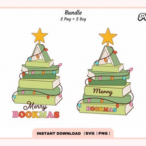 Merry Bookmas Christmas Tree SVG PNG, Cute Trendy Aesthetic Popular Christmas Winter Bookish png svg for Stickers Bookmarks, Commercial use