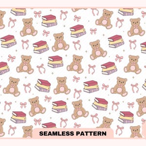 Cute Bookish Seamless Pattern PNG JPG, Cute Trendy Popular Aesthetic Books Reader pattern, Bookish Bow Seamless Pattern, Commercial use