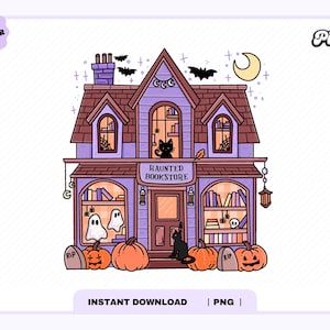 Haunted Bookstore PNG, Trendy Cute Aesthetic Fall Halloween Spooky Ghosts Cozy Bookish Library png for Stickers, Bookmarks, Commercial use