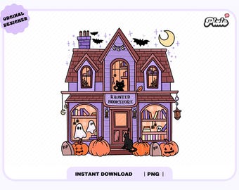 Haunted Bookstore PNG, Trendy Cute Aesthetic Fall Halloween Spooky Ghosts Cozy Bookish Library png for Stickers, Bookmarks, Commercial use