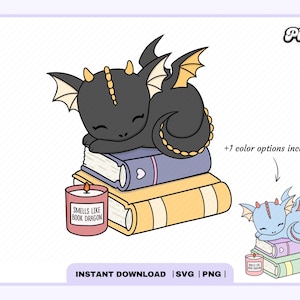 Cute Book Dragon SVG PNG, Cute Trendy Aesthetic Fantasy Dragon Bookish Kindle Design na naklejki, zakładki, koszulki, kubki, do użytku komercyjnego