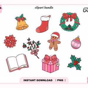 Christmas Clipart PNG Bundle, Cute Trendy Aesthetic Christmas Winter Holiday Season Bookish png for Stickers, Bookmarks, Commercial use