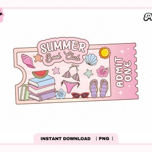 Summer Book Club Admit One Ticket PNG, niedliche trendige Ästhetik beliebte Sommer Frühlingssaison Bücherwurm Urlaub png für Aufkleber, kommerzielle Nutzung