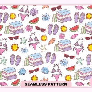 Bookish Summer Seamless Pattern PNG JPG, Cute Trendy Popular Aesthetic Spring summerBooks Seamless Pattern for Bookmarks, Commercial use