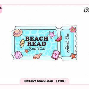 Strand lesen Ticket PNG, niedliche trendige beliebte ästhetische Sommer Strand Saison Bücherwurm Frühlingsferien png für Aufkleber, Lesezeichen, kommerzielle Nutzung
