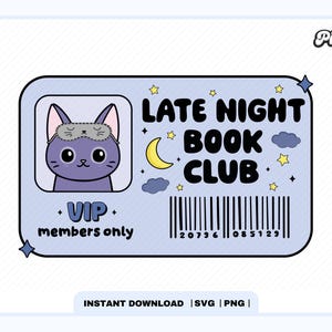 Late Night Book Club bibliotheekkaart SVG PNG, leuke trendy populaire creatieve leesgrage Kindle Girl svg png ontwerp voor stickers, commercieel gebruik