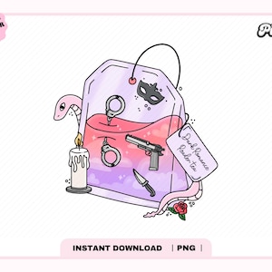 May include: A whimsical illustration of a tea bag with a pink and purple gradient, containing a gun, handcuffs, and a knife. A snake, candle, and a masquerade mask are also present. The tag reads "Dark Romance Reader Tea".