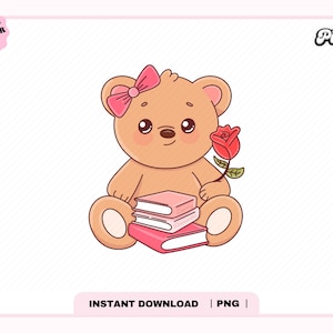 Romance Book Lover Bear PNG, Cute Trendy Aesthetic Creative Romance Romantasy Bookish Png design for Stickers, Bookmarks, Commercial use
