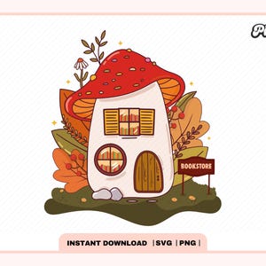 Puede incluir: Una ilustración caprichosa de una casa de hongo con un sombrero rojo y paredes blancas. La casa tiene ventanas y una puerta, y un letrero que dice "LIBRERÍA". La casa está rodeada de hojas de otoño y flores.