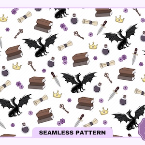 Fantasy Books Seamless Pattern PNG JPG, Cute Trendy Popular Aesthetic Dragon Books Reader, Fantasy Bookish Seamless Pattern, Commercial use