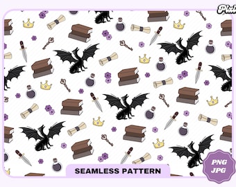 Fantasy Books Seamless Pattern PNG JPG, Cute Trendy Popular Aesthetic Dragon Books Reader, Fantasy Bookish Seamless Pattern, Commercial use