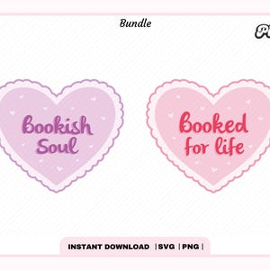 Joli coeur livresques SVG PNG Bundle, mignon design tendance populaire créatif livresque Svg Png, Kindle Girl Artsy Design pour autocollant, usage Commercial