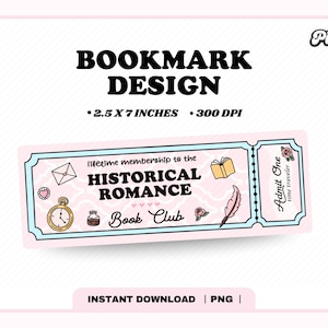 Historical Romance Book Club Ticket Bookmark PNG, Cute Trendy Aesthetic Romance Book Reader Printable Bookmark png, Commercial Use