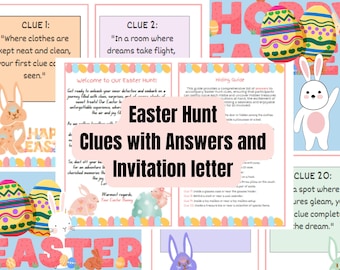 Easter Egg Hunt Clues with Answers and Invitation Letter Easter Scavenger Hunt Easter Treasure Hunt Clues Indoor Game Activity PDF Printable