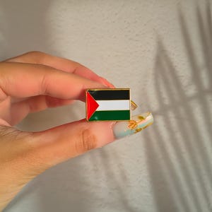 May include: A gold-coloured pin featuring the Palestinian flag. The flag is red, white, black, and green.
