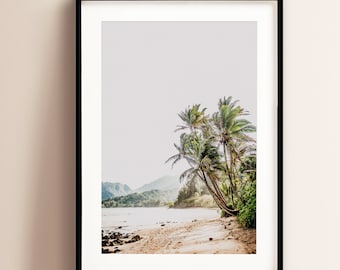 Beachy Wall Art, Surfboard Wall Decor, Hawaii Palm Trees Photo Coastal Home Decor Art Hanalei Bay Photography Kauai Beach Art