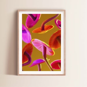Arte de pared de setas mágicas, impresión de arte de setas retro, cartel de setas de moda, impresión de arte de comida ecléctica, arte de pared para cocina, impresión de setas de neón