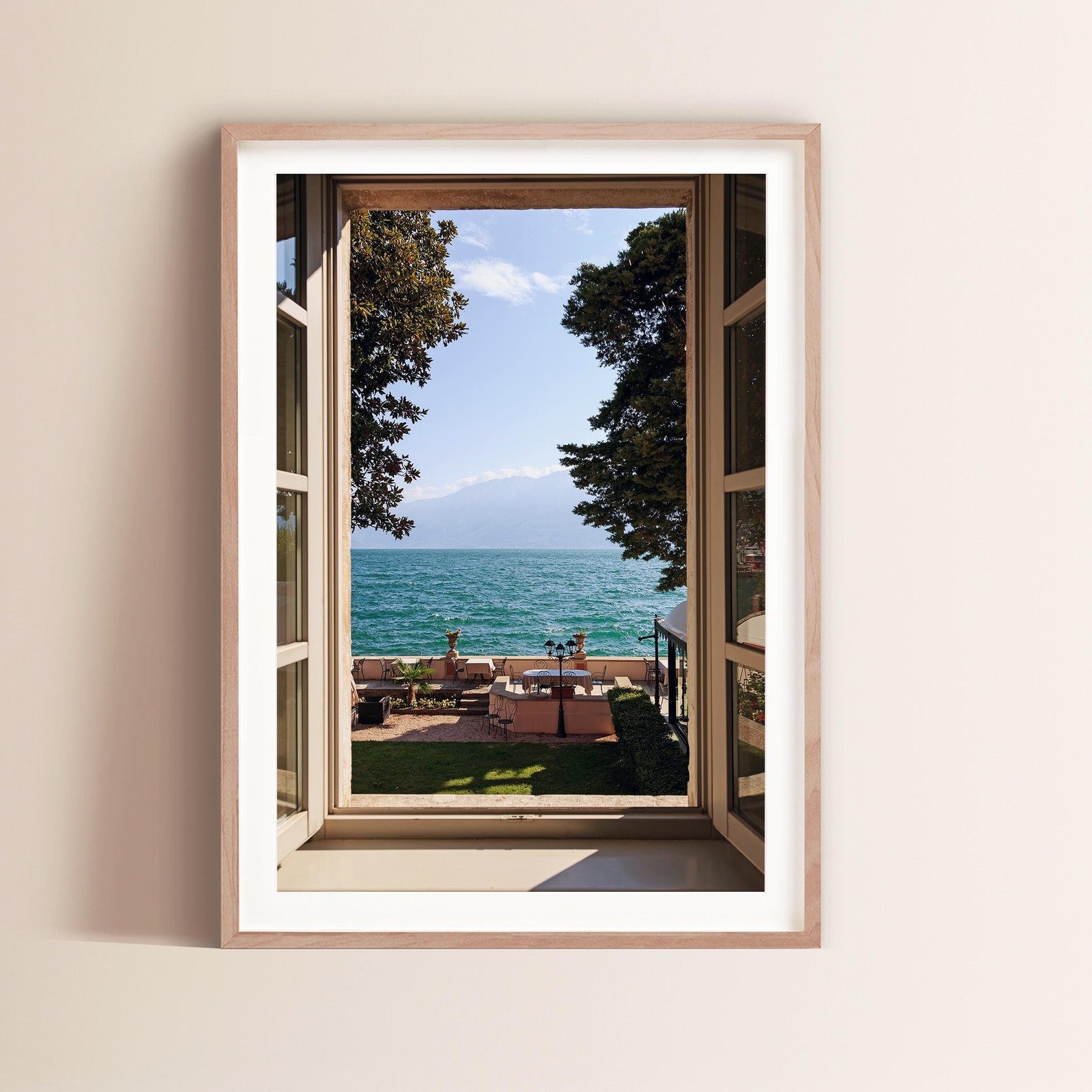 Fine Art Beach Photography Print Lake Como Italy Photo Coastal Home Decor Art Lago di Como Garda Photography Mediterranean Art Print - Natural oak gallery