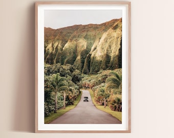 May include: A winding road leads through a lush green tropical forest towards a mountain range in the distance. The road is paved and lined with palm trees. A black car is driving down the road.